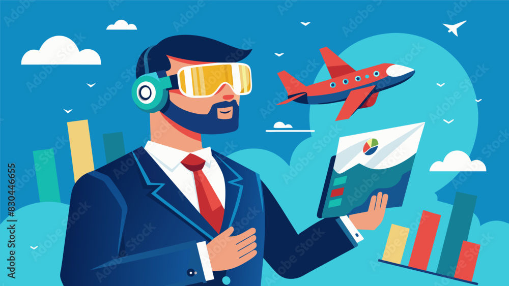 The businessman uses his AR glasses to check the latest stock market updates and make trades even while traveling in the air taxi.. Vector illustration The businessman uses his AR glasses to check the latest stock market updates and make trades even while traveling in the air taxi.. Vector illustration