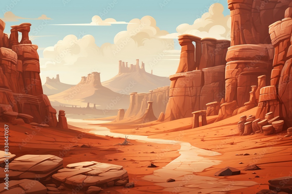 Rocky canyon landscape, flat design, side view, wild west theme, 3D ...
