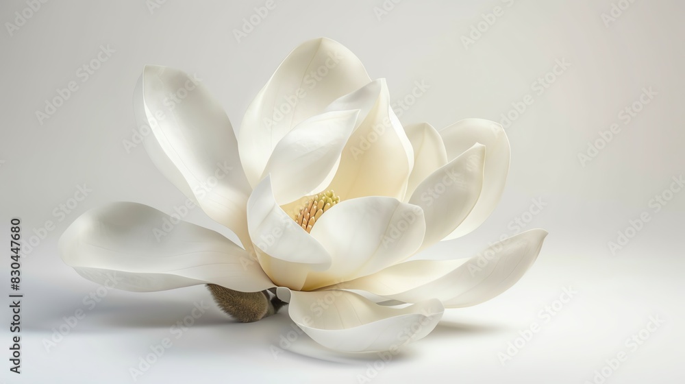 Beautiful magnolia bloom with large white petals, floating on air, white background, showcasing its timeless and classic elegance Beautiful magnolia bloom with large white petals, floating on air, white background, showcasing its timeless and classic elegance