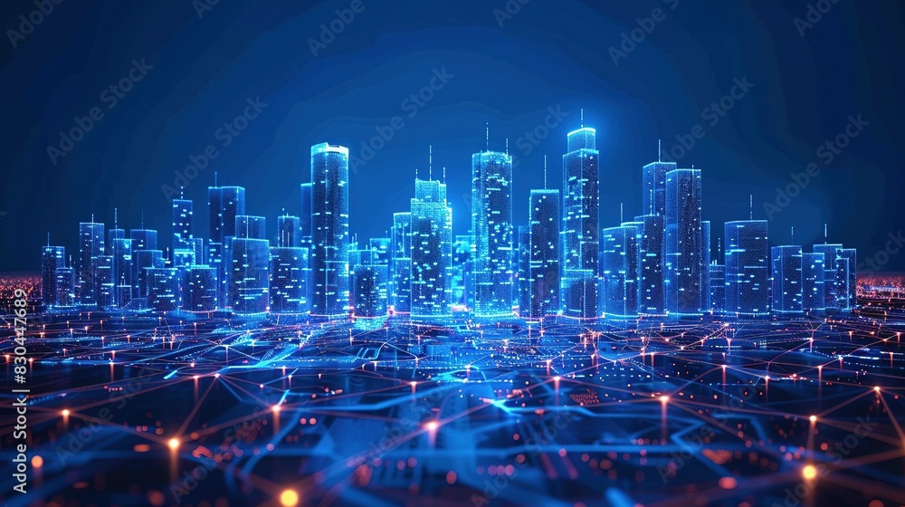 Fototapeta premium Smart City Wi-Fi Network: Low Poly Wireframe and Building Automatio