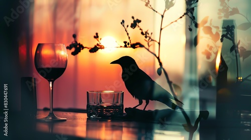Bird at the dining table, homely atmosphere, inviting setting close up, focus on, copy space Double exposure silhouette with dining elements photo