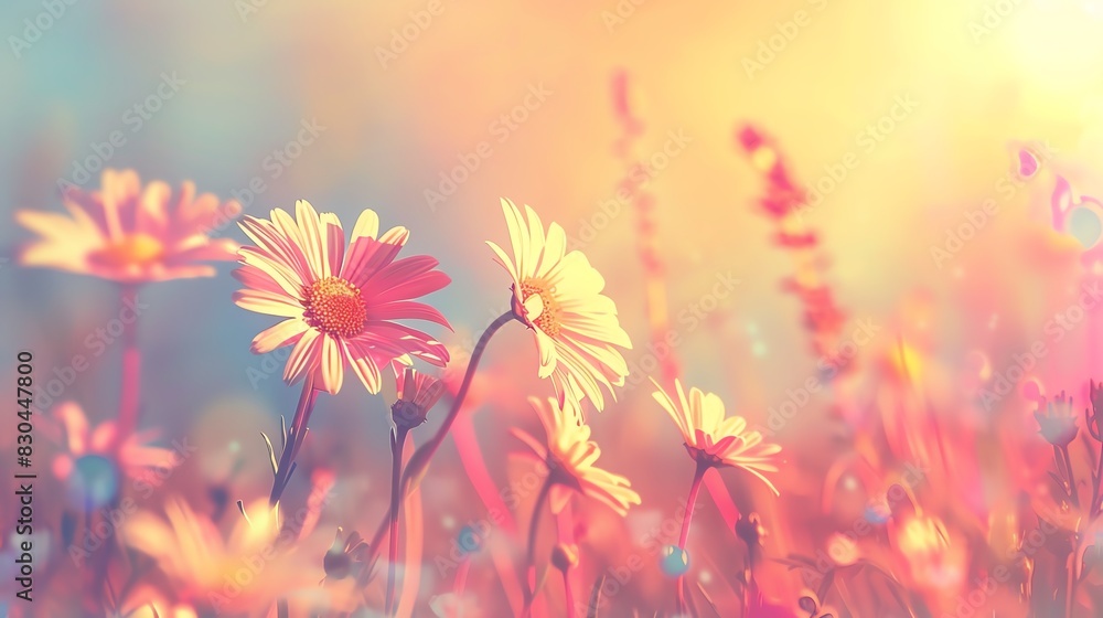 Daisies in bloom on pastel background, close up, focus on, vibrant and appealing colors, Double exposure silhouette with meadow scene Daisies in bloom on pastel background, close up, focus on, vibrant and appealing colors, Double exposure silhouette with meadow scene