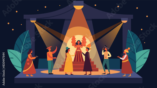The festival stage is lit up by a spotlight illuminating a group of actors as they perform a theatrical rendition of a local legend.. Vector illustration