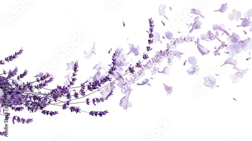 Gentle lavender sprigs floating on air, white background, evoking a sense of calm and relaxation with their soft purple hues