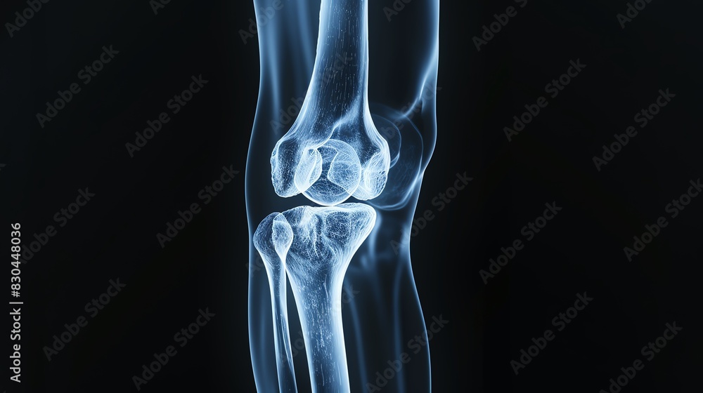 Xray of a human knee with visible patella and surrounding bones, displayed on a black background, emphasizing the knee joints structure Xray of a human knee with visible patella and surrounding bones, displayed on a black background, emphasizing the knee joints structure