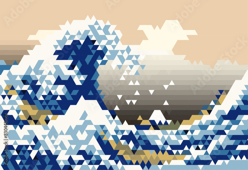 浮世絵　富嶽三十六景　神奈川沖浪裏　葛飾北斎　モザイク　ベクターイラストレーション