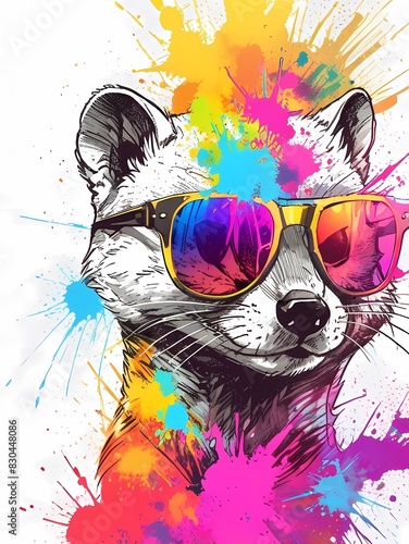 adorable Weasel head wearing sunglasses with Colored powder explosion on background © farzand01