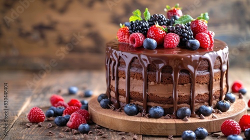 A chocolate cake with blueberries and raspberries on top indulgence for a Chocolate Day banner. photo