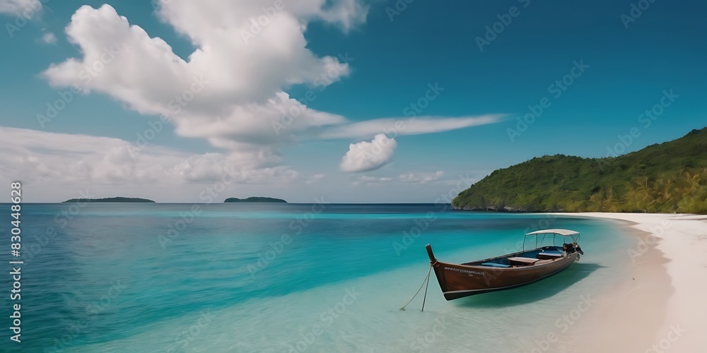A Boat Sails Through Turquoise Ocean Waters, Framed by a Blue Sky with White Clouds and a Tropical Island in the Distance. A Panoramic View Perfect for Summer Vacation Escapes.
