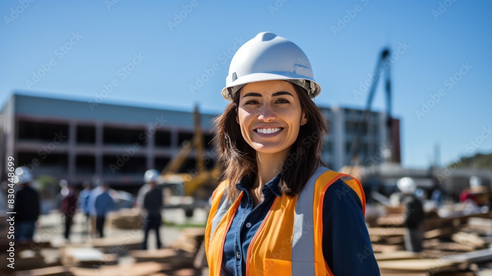 a smiling female engineer wearing a hard hat and safety glasses, a smiling female engineer wearing a hard hat and safety glasses,