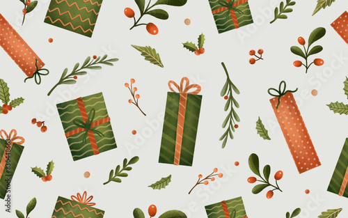 Christmas seamless pattern with floral and gift ornament for holiday gift wrap, wallpaper  or textile