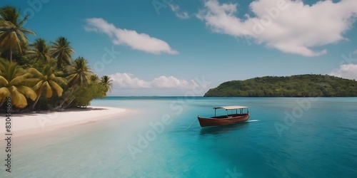 A Boat Sails Through Turquoise Ocean Waters, Framed by a Blue Sky with White Clouds and a Tropical Island in the Distance. A Panoramic View Perfect for Summer Vacation Escapes. 