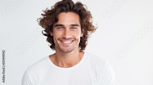 a young  athletic male model with tousled hair and a charming smile  