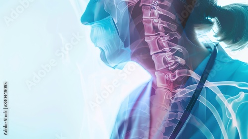 Doctor examining Xray, close up, focus on, copy space, vibrant colors, Double exposure silhouette with medical imaging