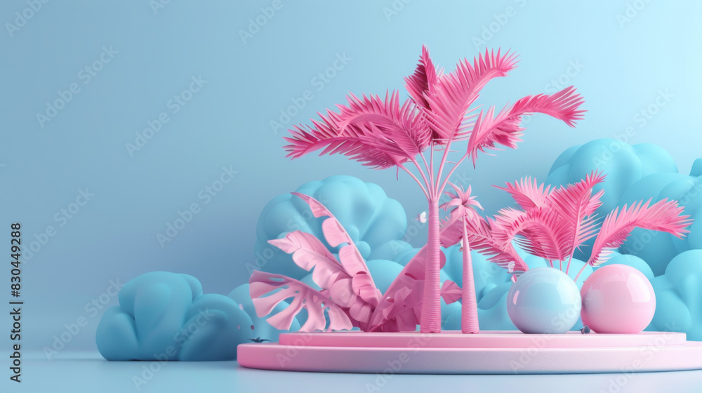 A surreal and vibrant tropical scene entirely in pink tones, featuring stylized palm trees and fluffy clouds. A surreal and vibrant tropical scene entirely in pink tones, featuring stylized palm trees and fluffy clouds.