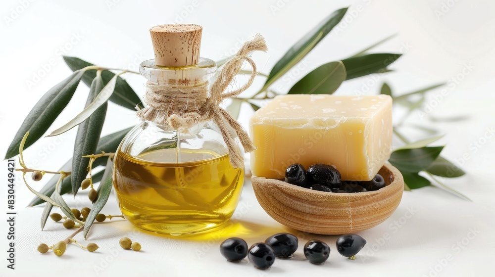 Spa theme with olive oil and soap on a white background Spa theme with olive oil and soap on a white background