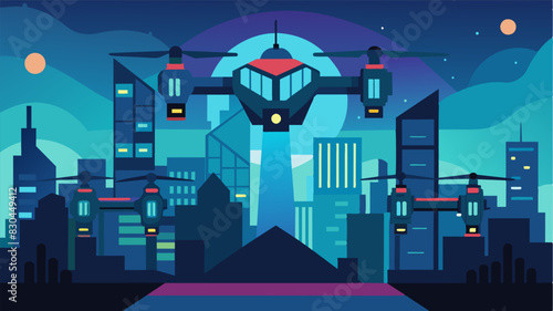As the city sleeps the eVTOL fleet continues its vigilance keeping watch over the urban center from above.. Vector illustration