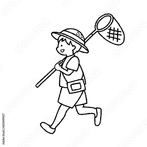 虫網を持って走る子供のイラスト　モノクロ