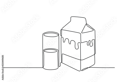 one continuous single line of glass and box of milk isolated on white background.