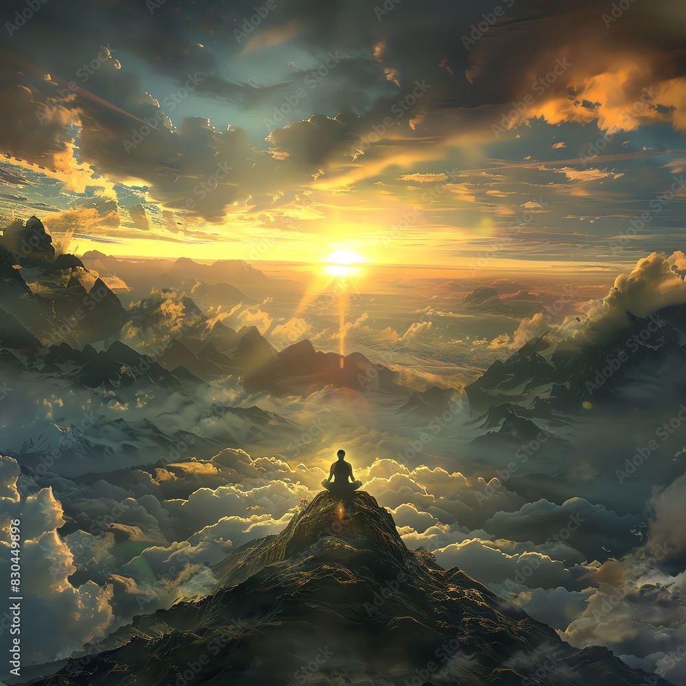 Meditation, sunrise in the background, mountains, a man meditating on ...
