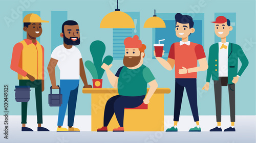 A promotional video for a restaurant chain with a diverse group of male customers including a man with a prosthetic leg and a man with a larger frame.. Vector illustration