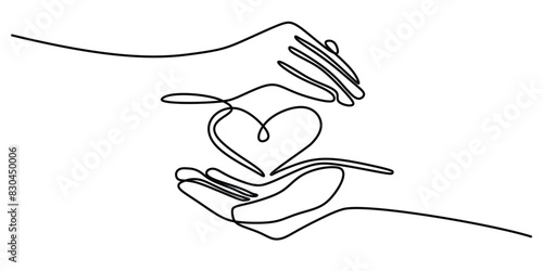Hands holding heart continuous one line art drawing. Charity donation isolated on white background.