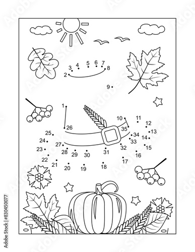 Thanksgiving Day holiday activity sheet. Pilgrim hat hidden picture dot-to-dot, or connect the dots, else join the dots, picture puzzle and coloring page. 
