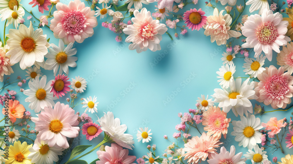 A heart-shaped frame made of various pastel-colored flowers, including daisies and chrysanthemums on the right and left side against an empty blue background. A heart-shaped frame made of various pastel-colored flowers, including daisies and chrysanthemums on the right and left side against an empty blue background.