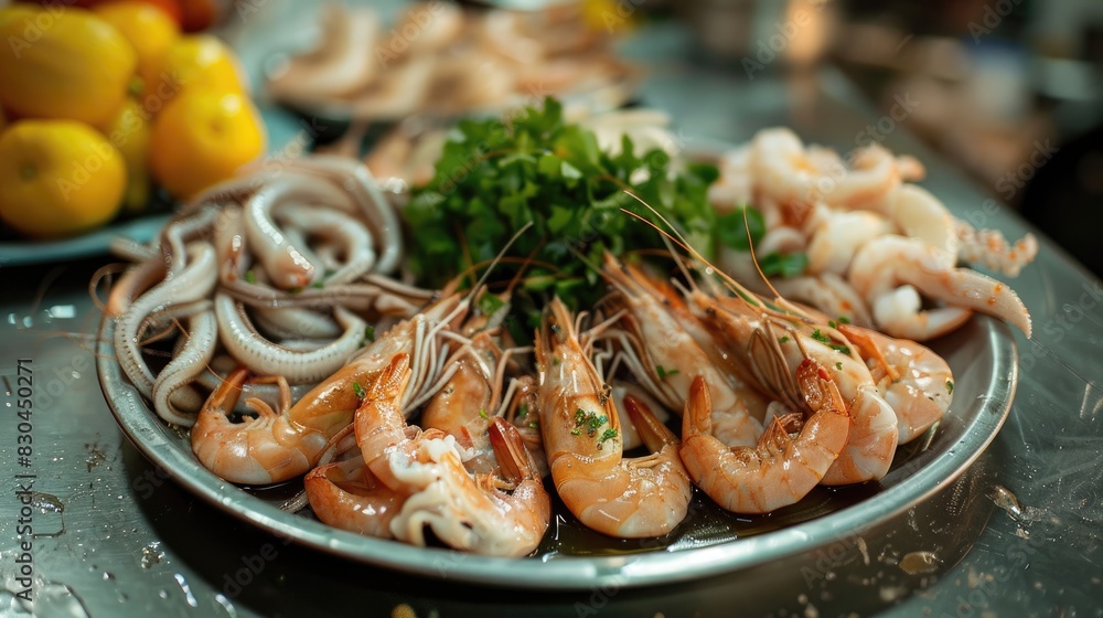 Preparing Raw Shrimps and Squids on a Plate for Cooking Preparing Raw Shrimps and Squids on a Plate for Cooking