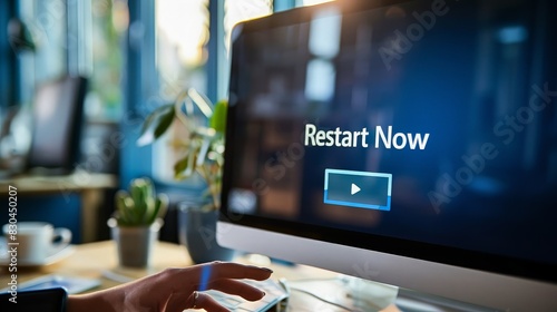 Close-up of a computer screen displaying a "Restart Now" prompt in a modern office setting with plants and sunlight.