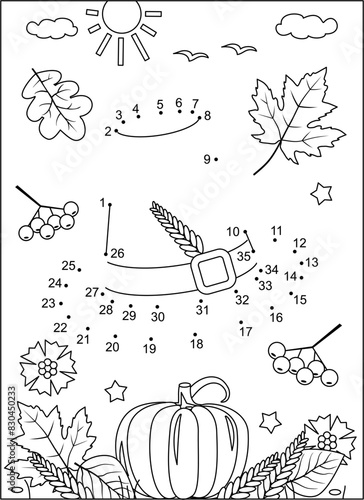 Thanksgiving Day holiday activity sheet. Pilgrim hat hidden picture dot-to-dot, or connect the dots, else join the dots, picture puzzle and coloring page. 
