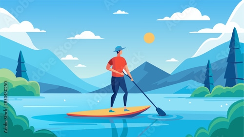 A man paddleboarding on a calm lake taking in the peaceful surroundings and feeling the physical challenge without any pressure to race or beat others on the water.. Vector illustration