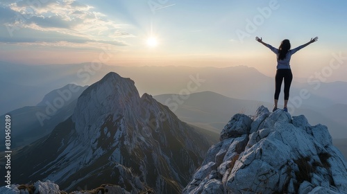 Woman with arms raised standing on a mountain peak  celebrating at sunrise with a stunning view of the landscape.