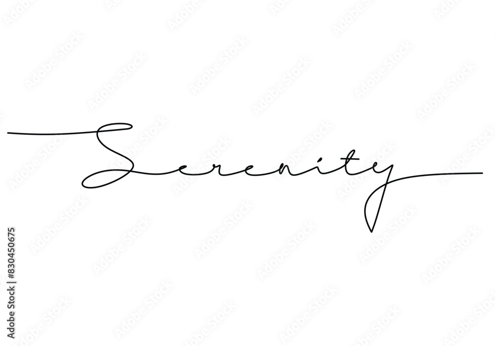 Serenity handwritten inscription. One line drawing phrase hand writing calligraphy card lettering. Serenity handwritten inscription. One line drawing phrase hand writing calligraphy card lettering.