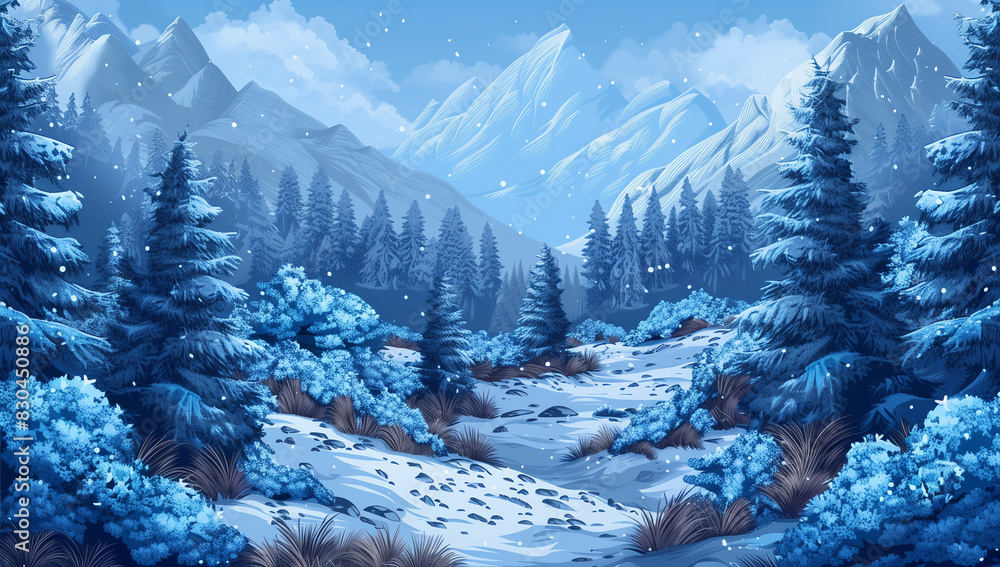Snowy Winter Landscape with Pine Trees and Mountains - Perfect for Holiday Cards and Seasonal Decor