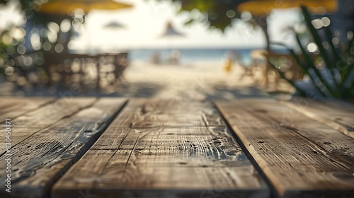 A close-up of a weathered wooden table with the blurred backdrop of beachside cafes, evoking a sense of relaxation.