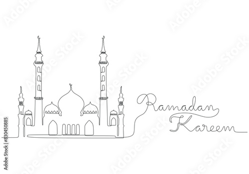 Big mosque with ramadan kareem handwritten inscription in one single continuous line drawing.