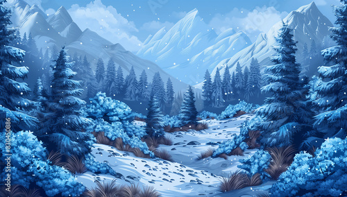 Snowy Winter Landscape with Pine Trees and Mountains - Perfect for Holiday Cards and Seasonal Decor