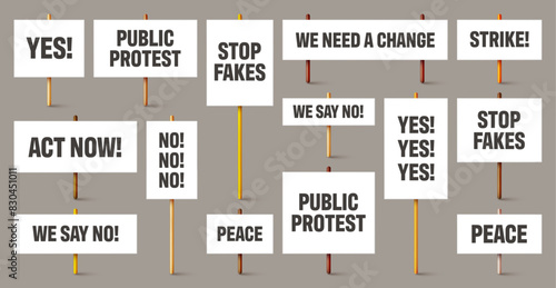 Blank white protest signs with text slogans on wooden holder. Various realistic vector demonstration banners. Strike action cardboard placard mockup. Social advertisement. Vector illustration
