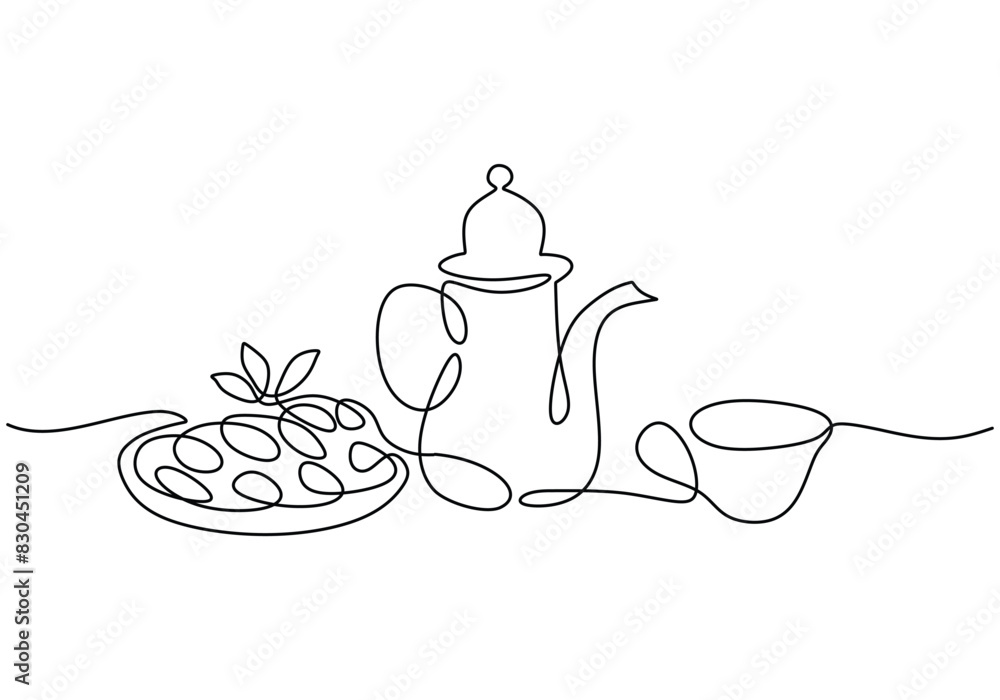 cup teapot and fast breaking dish for iftar in one single continuous line for Ramadan kareem concept