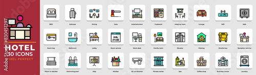 Set of hotel flat icons. editable stroke collection and pixel perfect. Vector Illustrations.