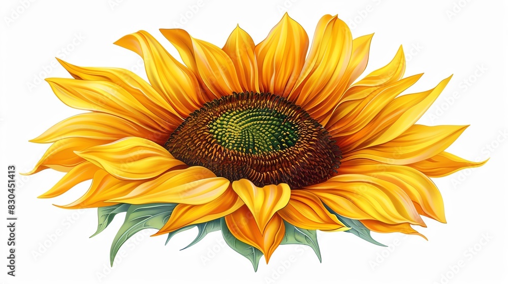 Fototapeta premium Vibrant sunflower with bright yellow petals, floating on air, white background, highlighting its cheerful and radiant nature