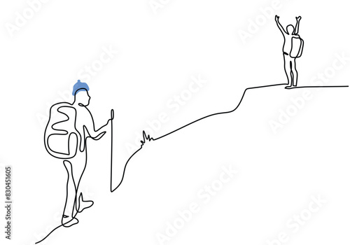 Solo hiker or Mountain climbers in one continuous single line art drawing style.