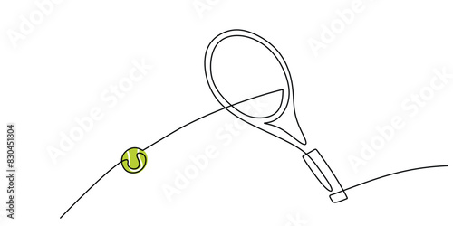 One line continuous tennis ball and racket. Sport competition game tennis ball vector illustration.