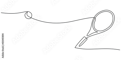 One line continuous tennis ball and racket. Sport competition game tennis ball vector illustration.