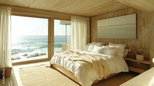 Minimalist green shade bedroom of a villa resort by tropical beach