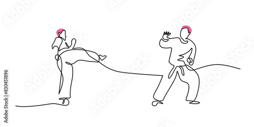 Continuous single line drawing of young man confident karateka in kimono practicing karate combat.