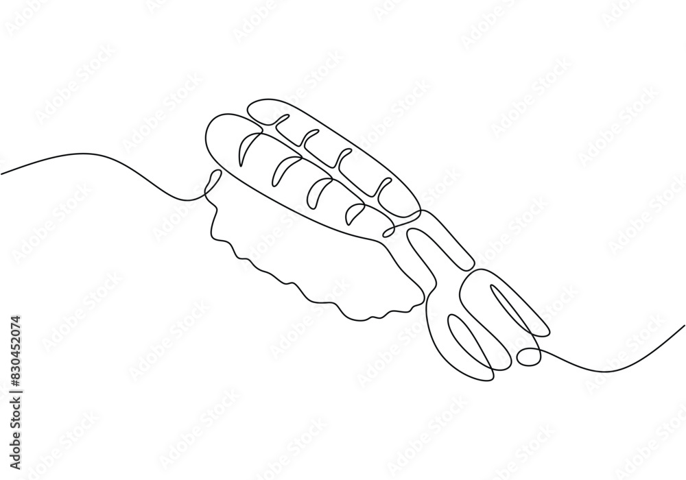 Fototapeta premium Continuous line drawing of sushi japanese food with salmon fish isolated on a white background.