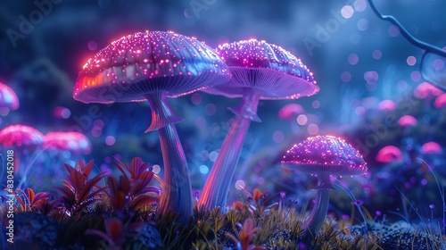 Futuristic mushrooms on an amazing landscape. Science fiction concept image of fantastic mushrooms. Generative AI