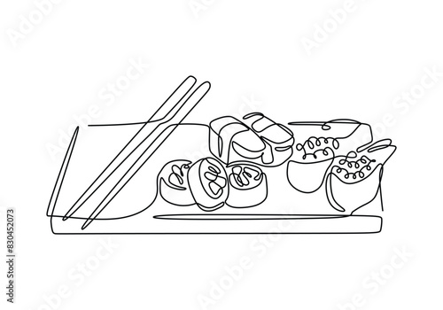 Continuous one line of sushi rolls with chopstick isolated on a white background. Linear stylized.